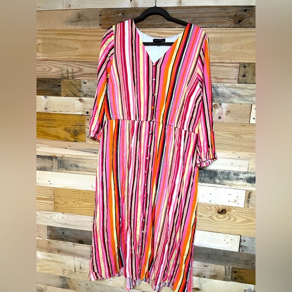 Lane Bryan size 16 Multi Colorful Striped V-neck Long Balloon Sleeve Maxi Dress - Picture 1 of 7
